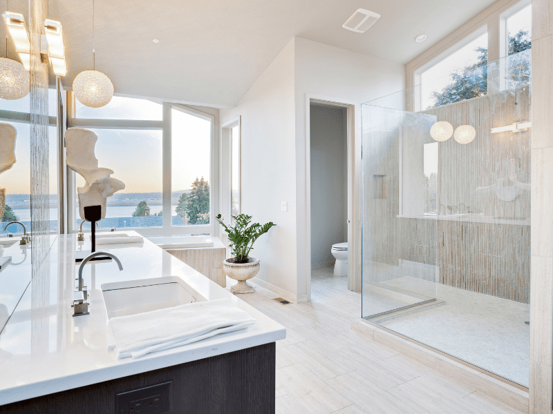 A newly renovated bathroom with very clean, mid-century style. Glass, walk-in shower, dark wood vanity with square dual sinks, large windows that overlook a lake, with a separate water closet.