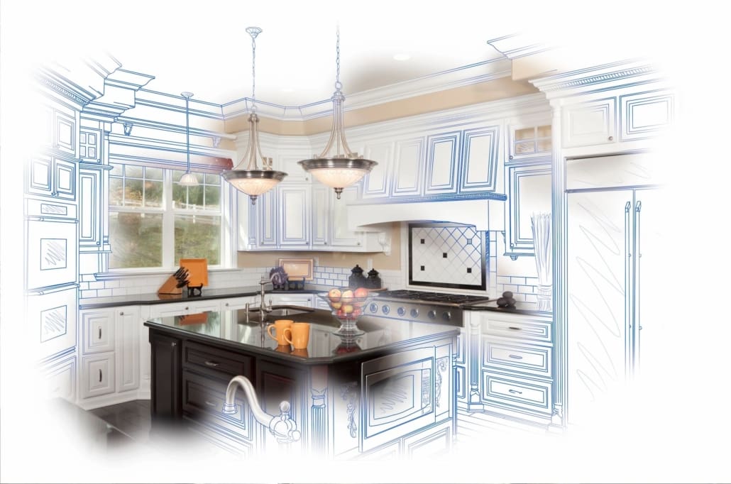 A picture of a kitchen blueprint with the kitchen island coming to fruition before your eyes.